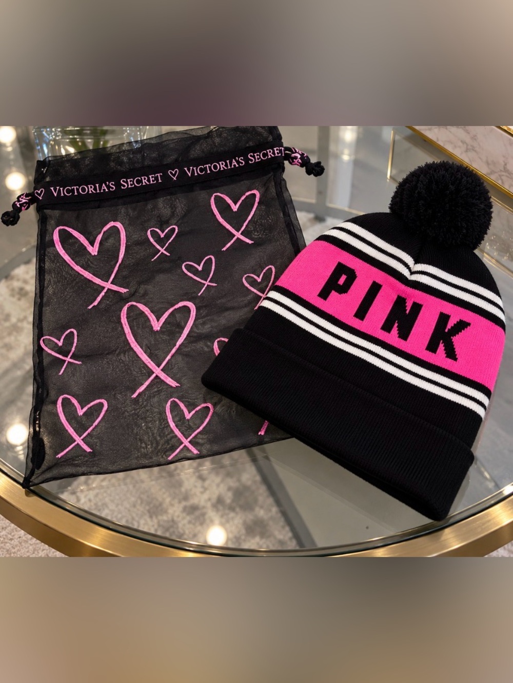 Victoria's Secret PINK Black & Hot Pink Pom Knit Beanie